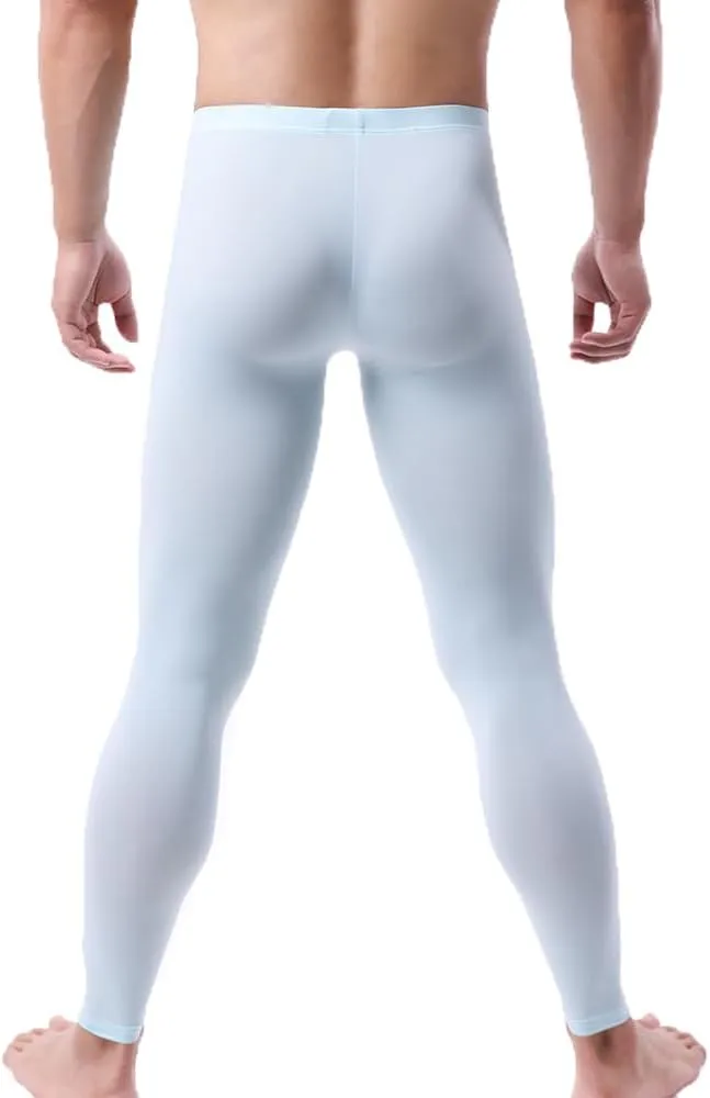 Men's Ice Silk Sheer Leggings Pants Underwear Bottoms Low Rise Elastic Trousers Long Johns
