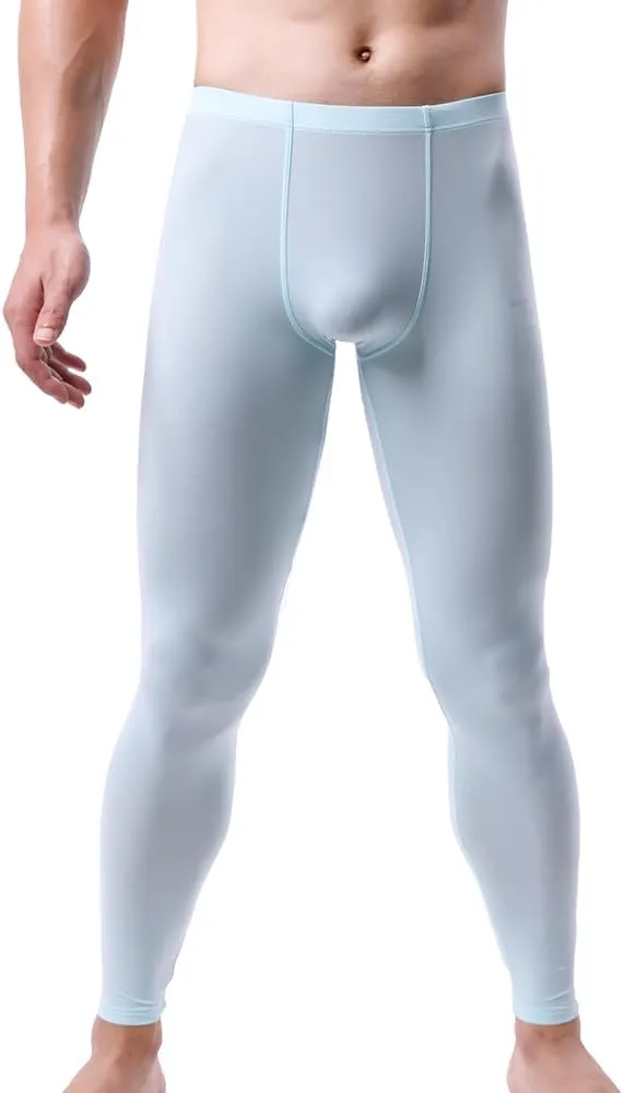 Men's Ice Silk Sheer Leggings Pants Underwear Bottoms Low Rise Elastic Trousers Long Johns