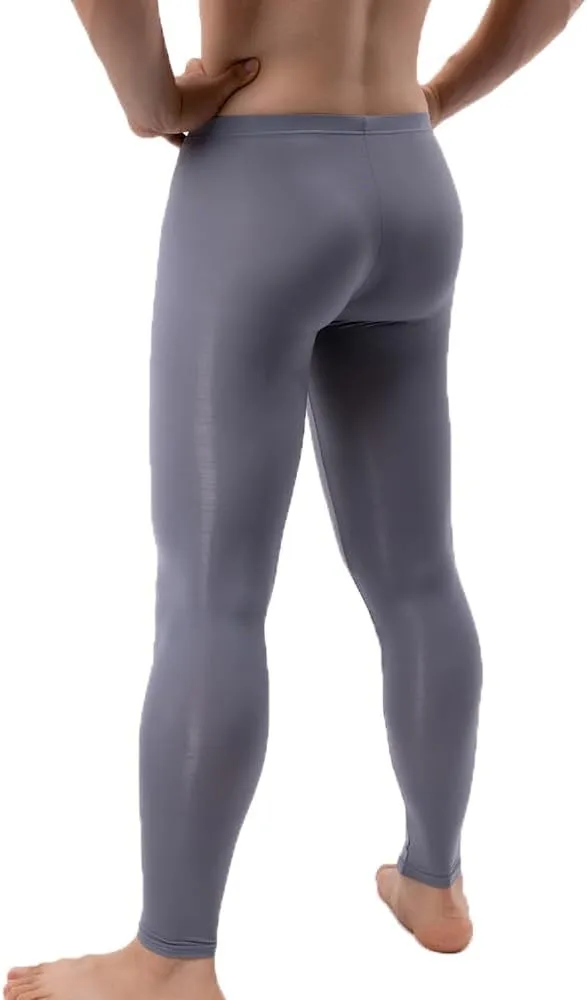 Men's Ice Silk Sheer Leggings Pants Underwear Bottoms Low Rise Elastic Trousers Long Johns