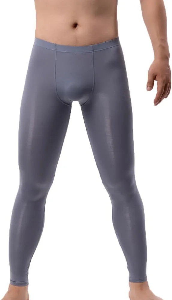 Men's Ice Silk Sheer Leggings Pants Underwear Bottoms Low Rise Elastic Trousers Long Johns