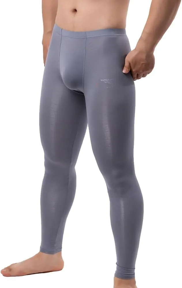 Men's Ice Silk Sheer Leggings Pants Underwear Bottoms Low Rise Elastic Trousers Long Johns
