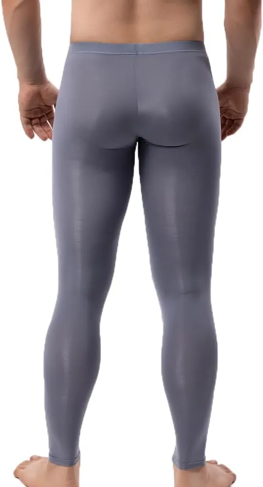 Men's Ice Silk Sheer Leggings Pants Underwear Bottoms Low Rise Elastic Trousers Long Johns