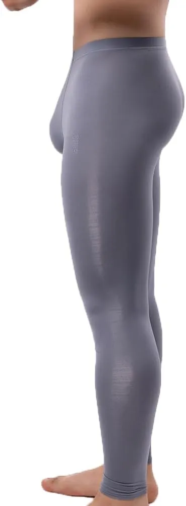 Men's Ice Silk Sheer Leggings Pants Underwear Bottoms Low Rise Elastic Trousers Long Johns
