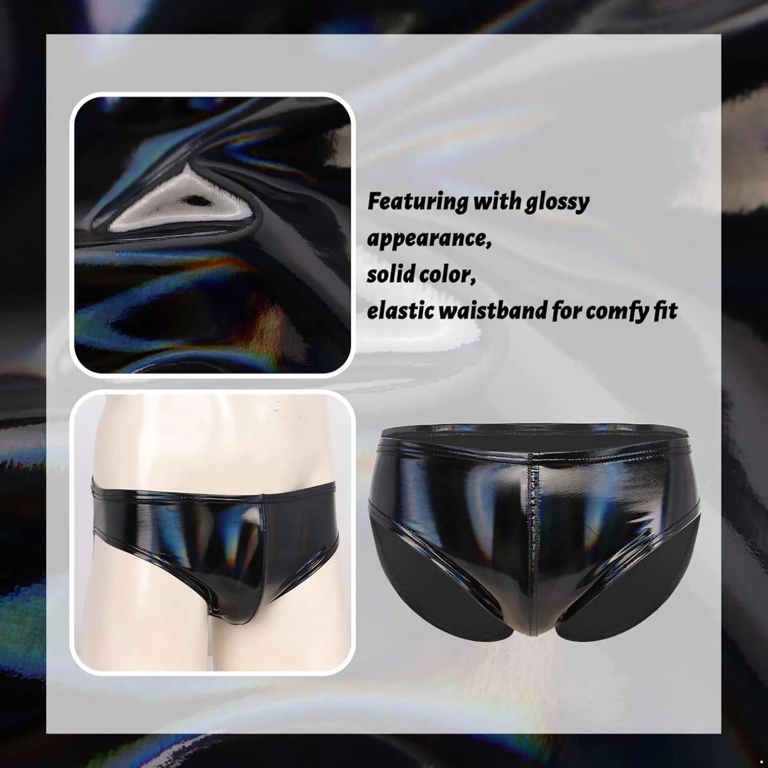 Mens Shiny Metallic Faux Leather Underwear Support Briefs Swim Bottoms Bikini Hot Pants