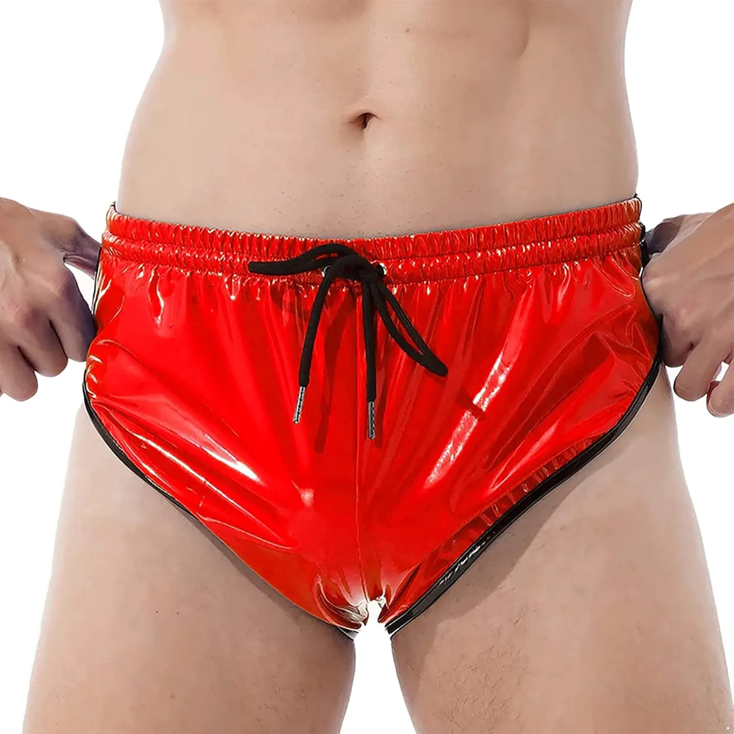 Mens Shiny Metallic Patent Leather Boxer Shorts Underwear Strings High Cut Dance Bottoms Clubwear