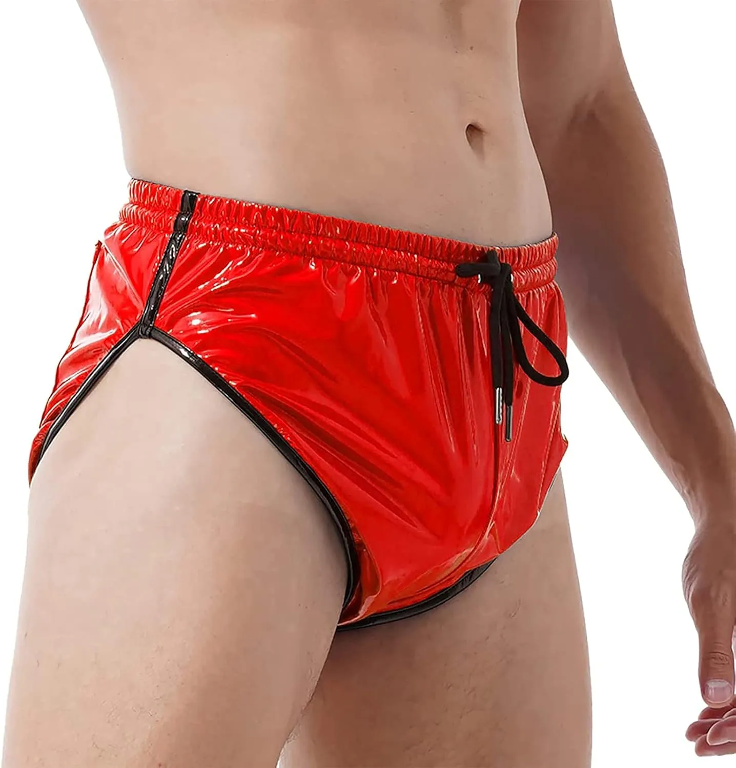 Mens Shiny Metallic Patent Leather Boxer Shorts Underwear Strings High Cut Dance Bottoms Clubwear