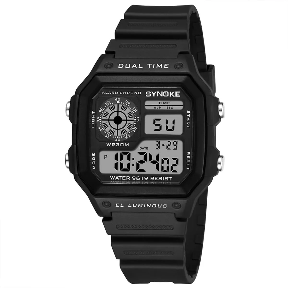 Men's Sports Digital Watch,Multi Function Alarm, Auto Calendar, LED Light,Dual Time, 30M Water Resistant, Black