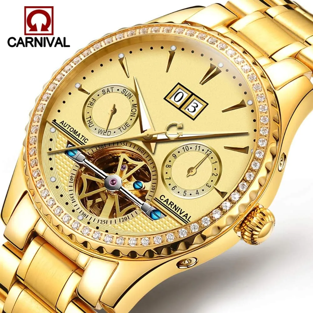 Mens tourbillon Multifunction Calendar Sapphire Full Gold Automatic Waterproof Watches