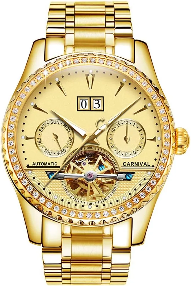 Mens tourbillon Multifunction Calendar Sapphire Full Gold Automatic Waterproof Watches