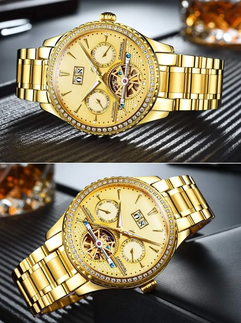 Mens tourbillon Multifunction Calendar Sapphire Full Gold Automatic Waterproof Watches