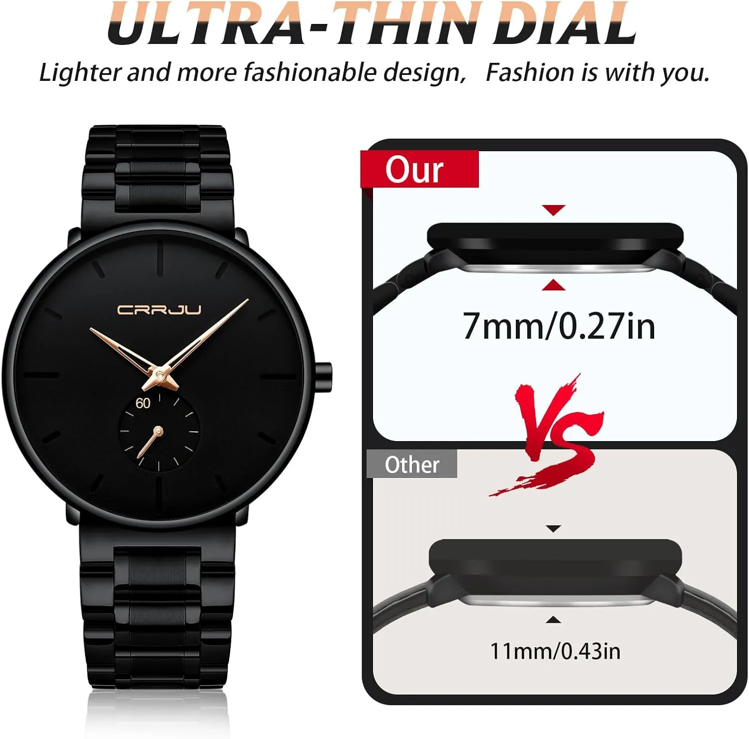 Mens Watches Ultra-Thin Minimalist Waterproof-Fashion Wrist Watch for Men Unisex Dress with Stainless Steel Band-Black Hands
