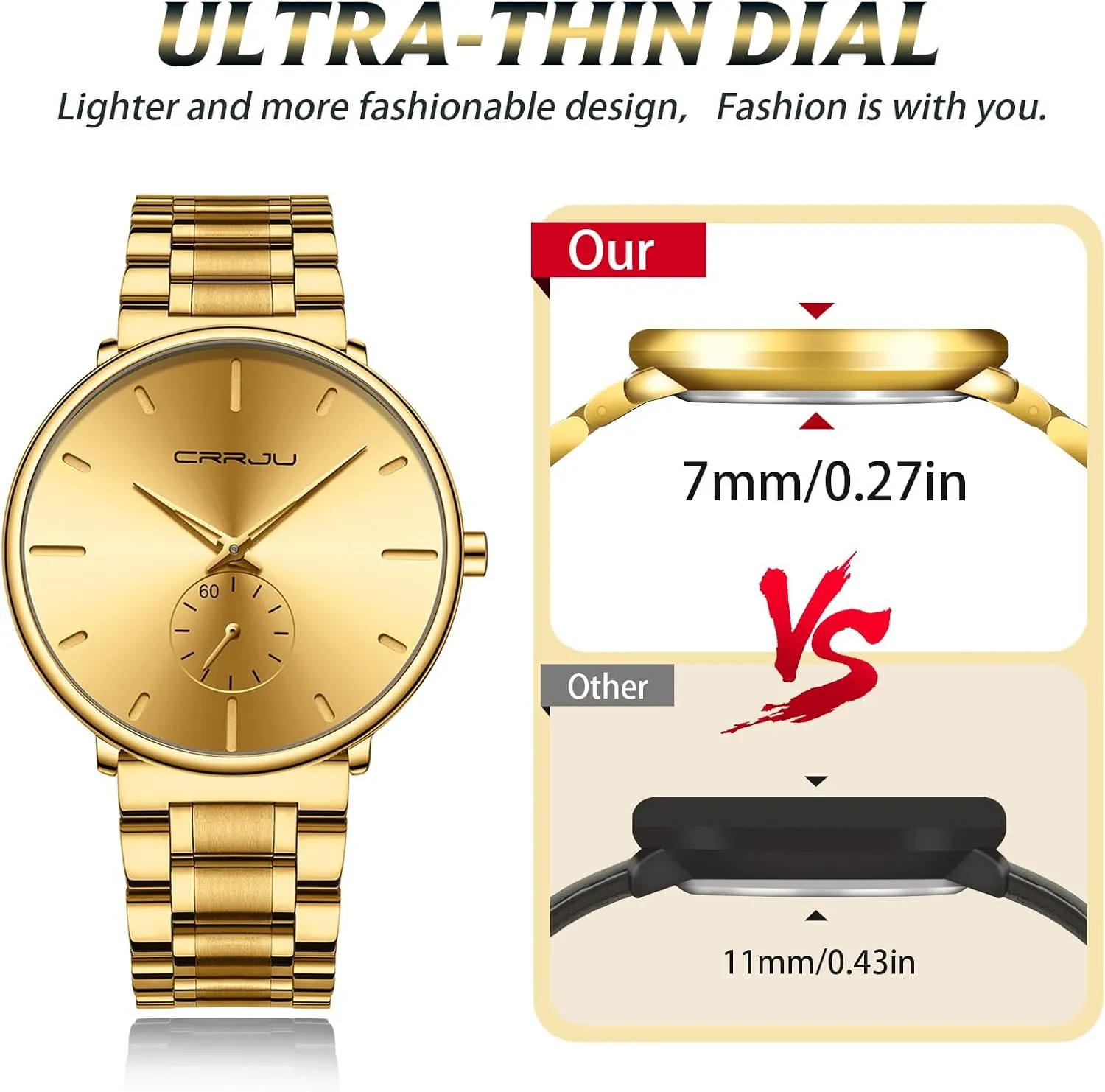 Mens Watches Ultra-Thin Minimalist Waterproof-Fashion Wrist Watch for Men Unisex Dress with Stainless Steel Band-Black Hands
