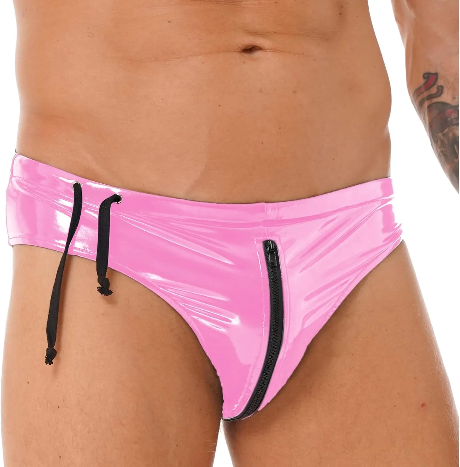 Men's Wet Look Boxer Briefs High Cut Thong Panties Zipper Drawstring Shorts Swimsuit Bottoms