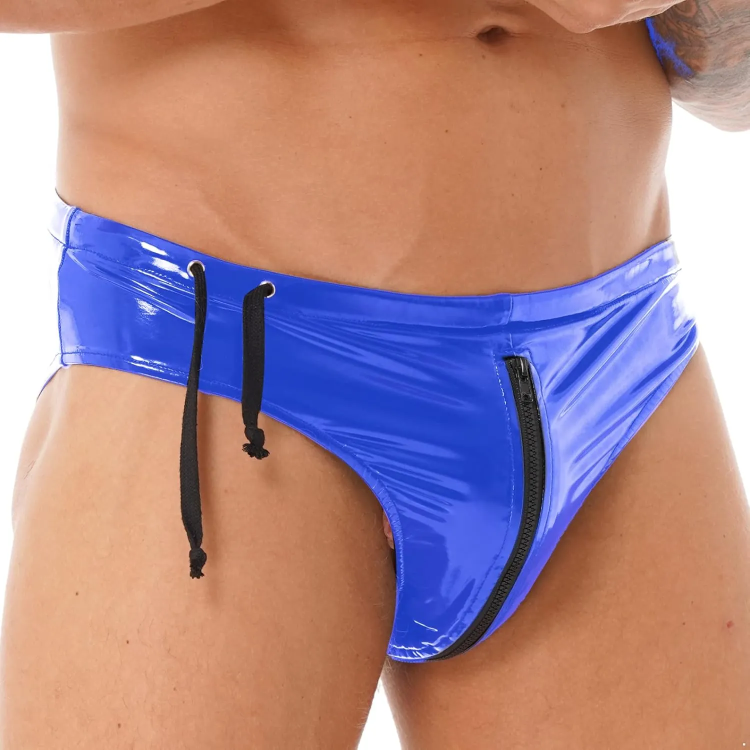 Men's Wet Look Boxer Briefs High Cut Thong Panties Zipper Drawstring Shorts Swimsuit Bottoms