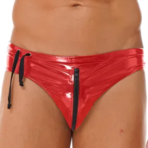 Men's Wet Look Boxer Briefs High Cut Thong Panties Zipper Drawstring Shorts Swimsuit Bottoms