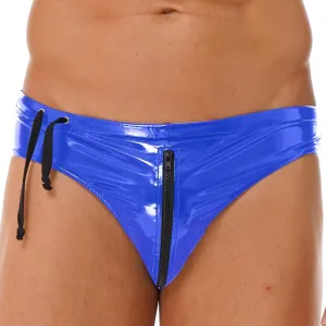 Men's Wet Look Boxer Briefs High Cut Thong Panties Zipper Drawstring Shorts Swimsuit Bottoms