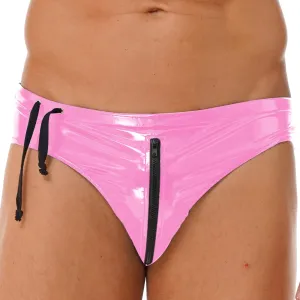 Men's Wet Look Boxer Briefs High Cut Thong Panties Zipper Drawstring Shorts Swimsuit Bottoms
