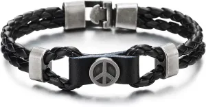 Mens Women Braided Leather Bangle Bracelet with Anti-war Peace Sign Circle Charm