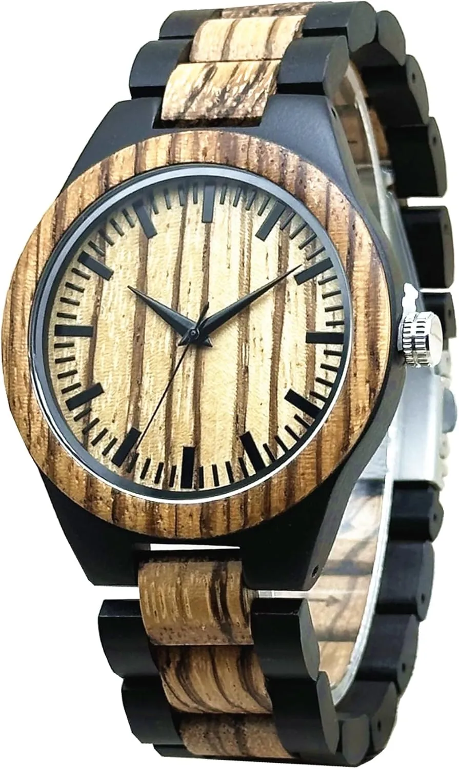 Men's Wooden Watch Lightweight Analog Handmade Quartz Wood Wrist Watches Case Diameter 45MM