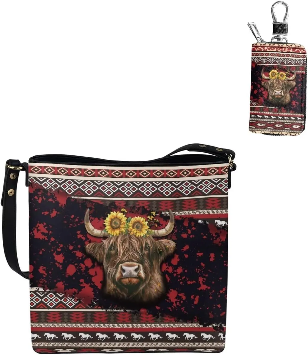 Messenger Bag for Women Crossbody Boho with Leather Car Remote Key Case Cover Set of 2 Bucket Style Tote