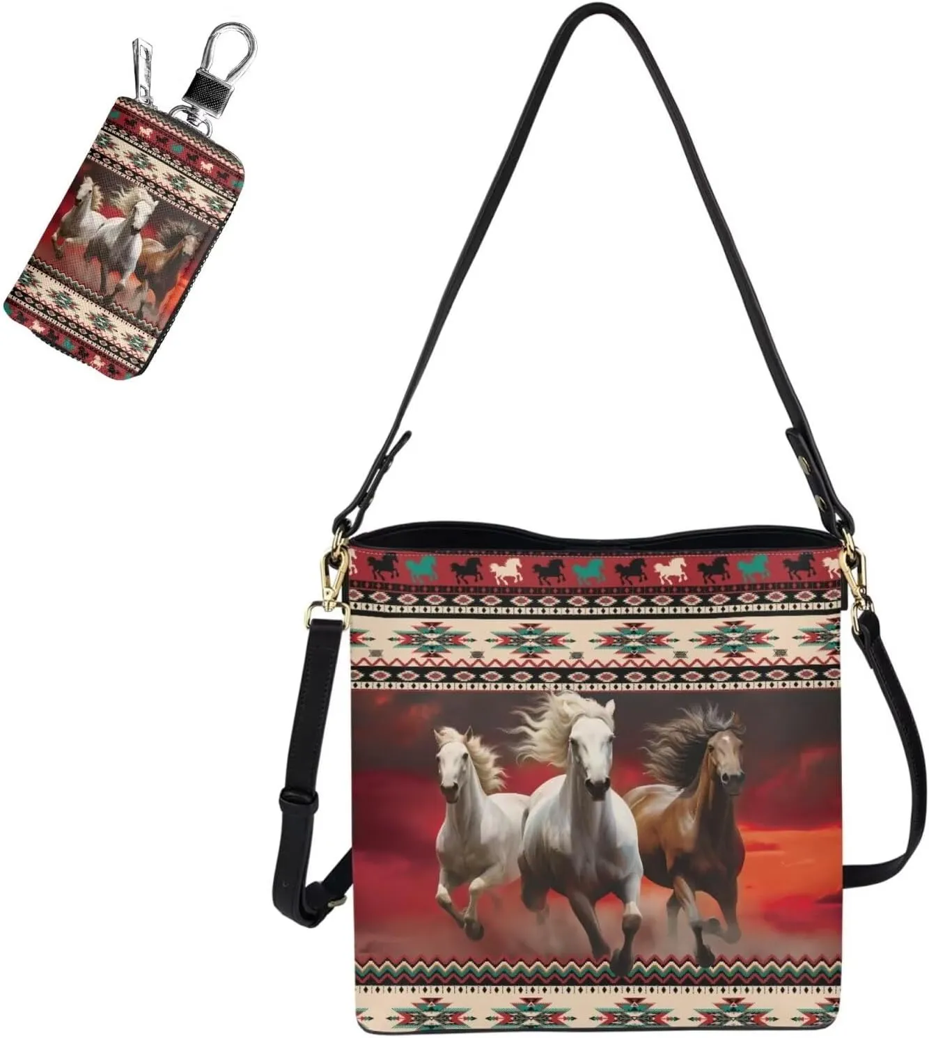 Messenger Bag for Women Crossbody Boho with Leather Car Remote Key Case Cover Set of 2 Bucket Style Tote