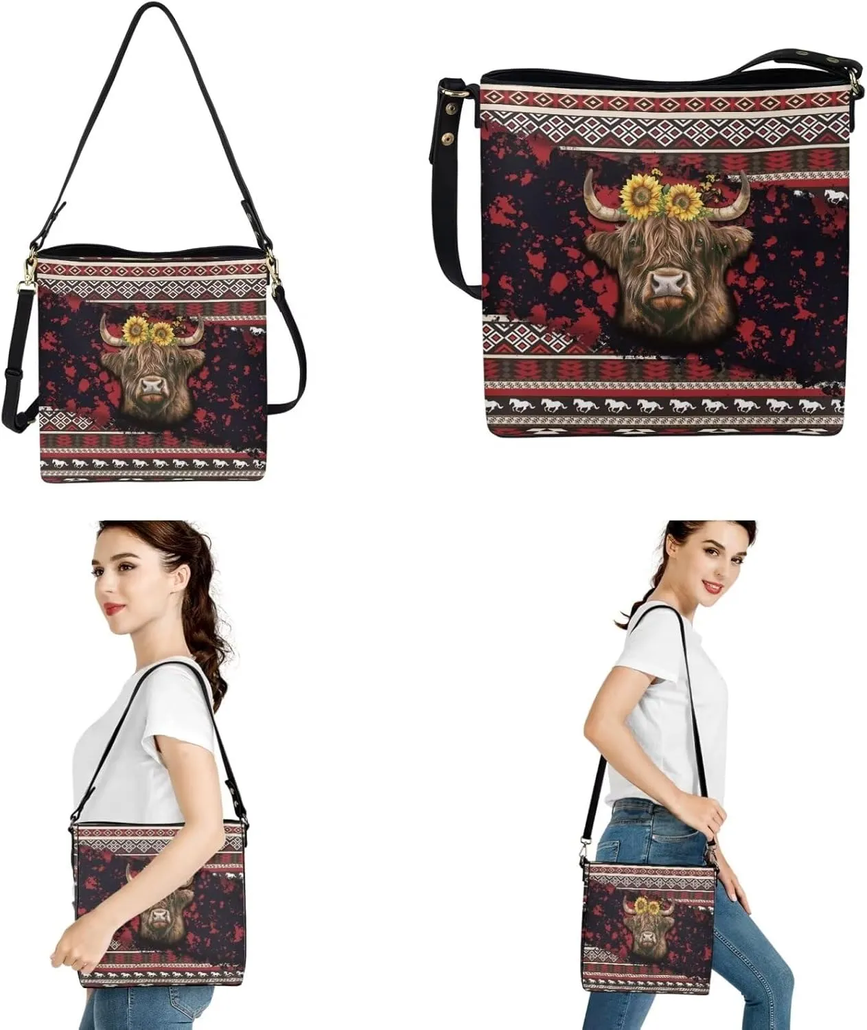 Messenger Bag for Women Crossbody Boho with Leather Car Remote Key Case Cover Set of 2 Bucket Style Tote