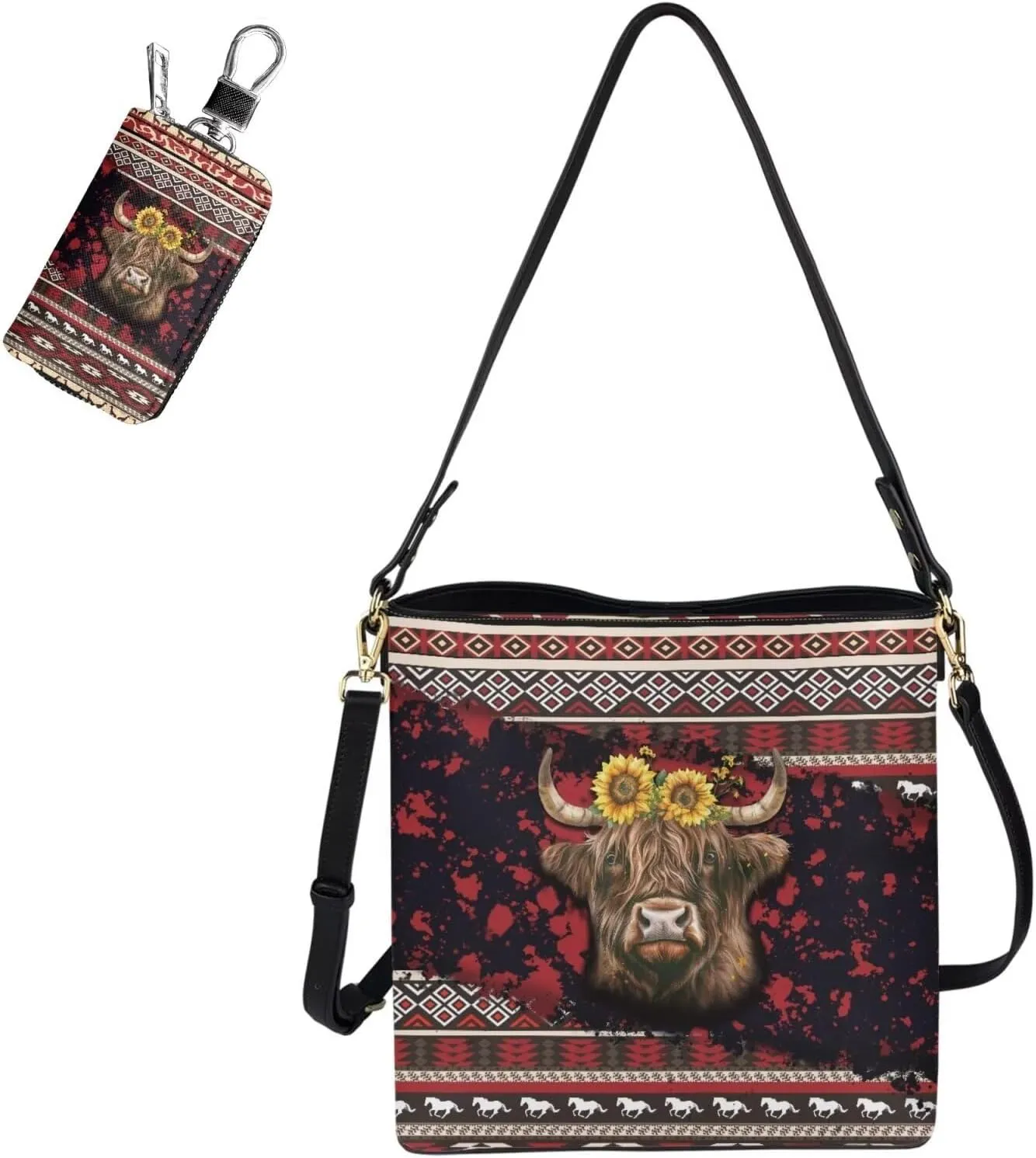 Messenger Bag for Women Crossbody Boho with Leather Car Remote Key Case Cover Set of 2 Bucket Style Tote