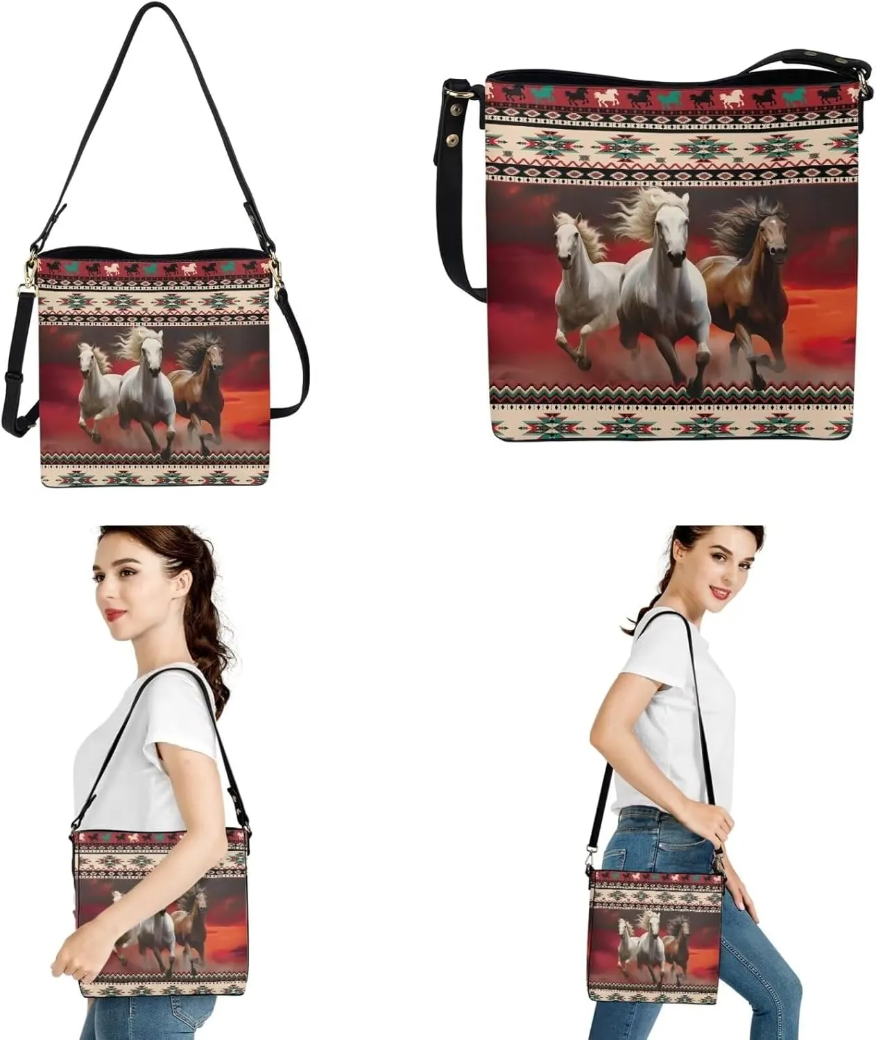 Messenger Bag for Women Crossbody Boho with Leather Car Remote Key Case Cover Set of 2 Bucket Style Tote