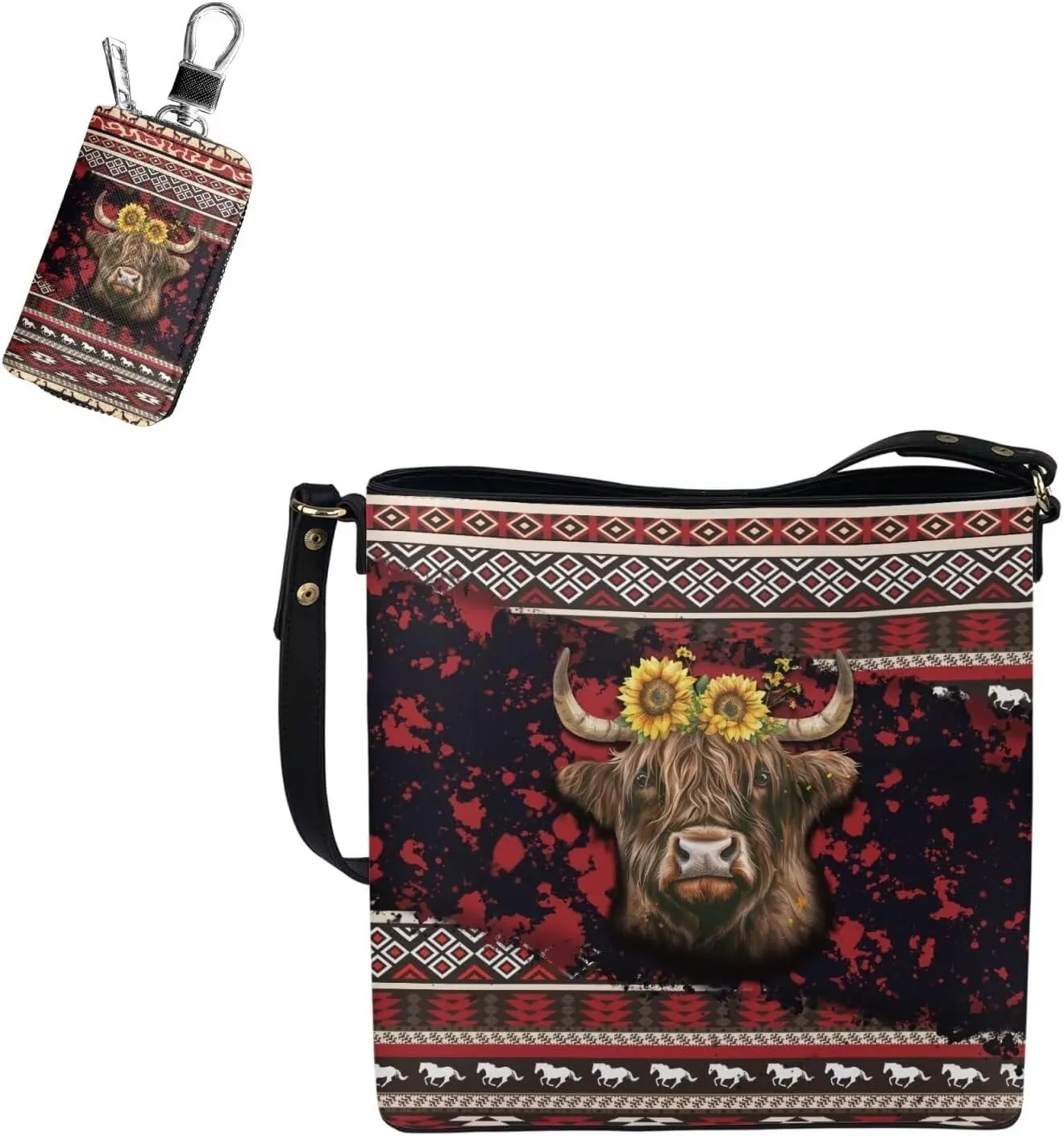 Messenger Bag for Women Crossbody Boho with Leather Car Remote Key Case Cover Set of 2 Bucket Style Tote