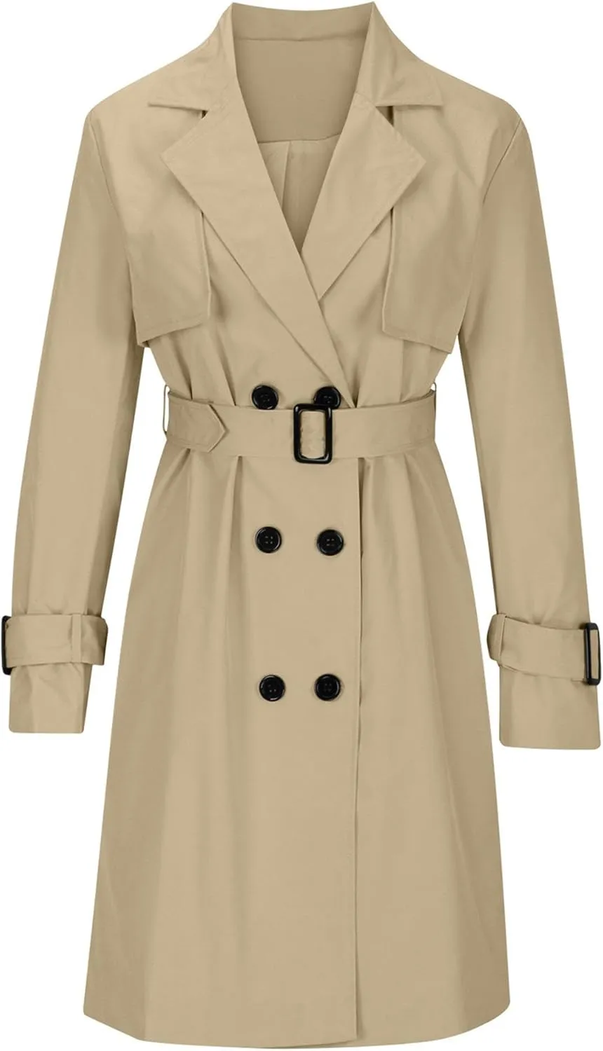 Mid Long Trench Coat for Women Double Breasted Classic Lapel Windproof Overcoat Fashion Outerwear with Belt