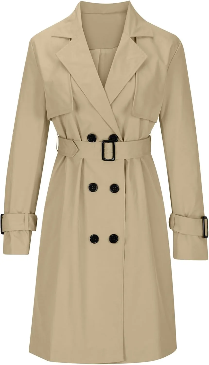 Mid Long Trench Coat for Women Double Breasted Classic Lapel Windproof Overcoat Fashion Outerwear with Belt
