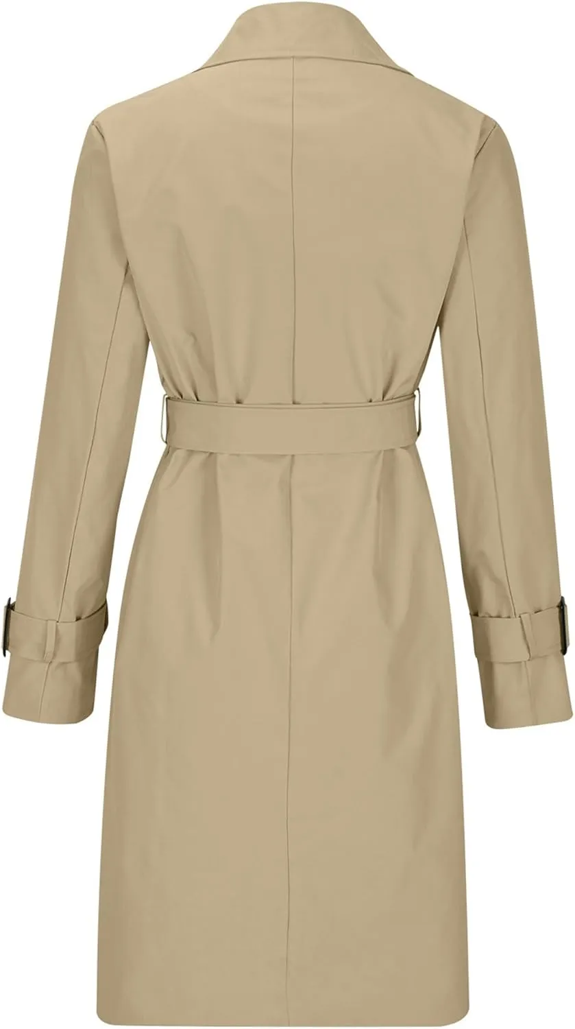 Mid Long Trench Coat for Women Double Breasted Classic Lapel Windproof Overcoat Fashion Outerwear with Belt