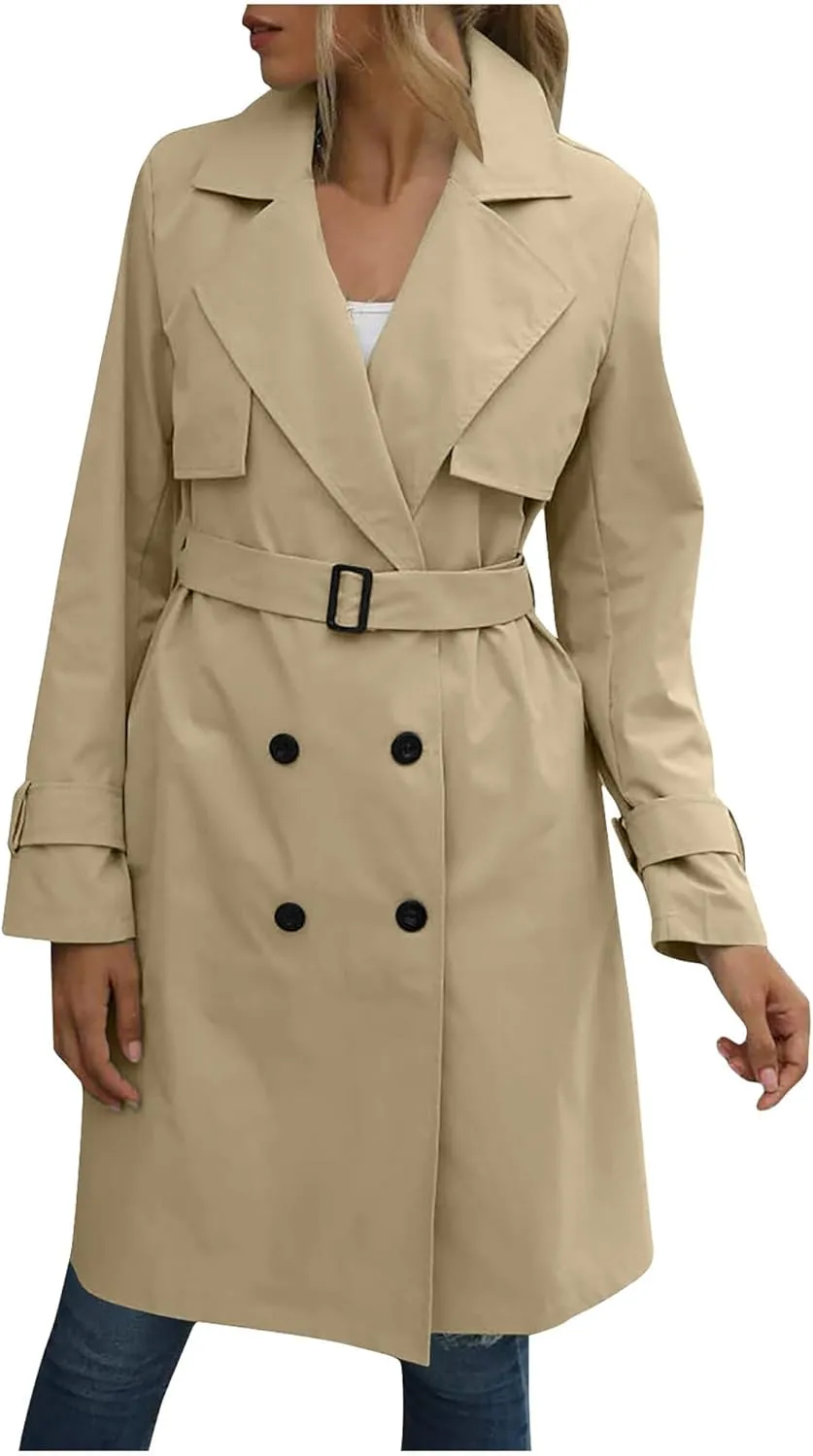 Mid Long Trench Coat for Women Double Breasted Classic Lapel Windproof Overcoat Fashion Outerwear with Belt