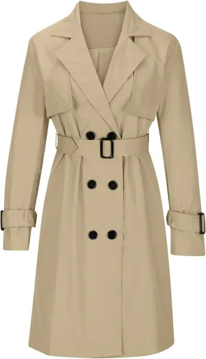 Mid Long Trench Coat for Women Double Breasted Classic Lapel Windproof Overcoat Fashion Outerwear with Belt