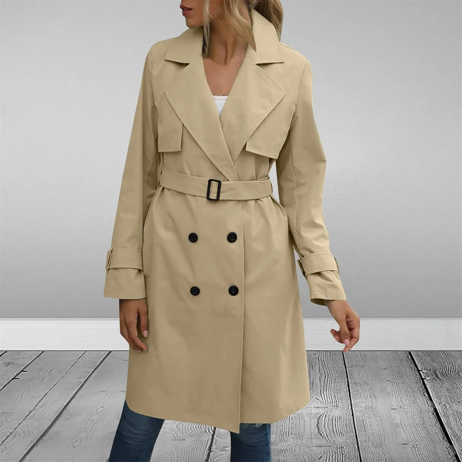 Mid Long Trench Coat for Women Double Breasted Classic Lapel Windproof Overcoat Fashion Outerwear with Belt