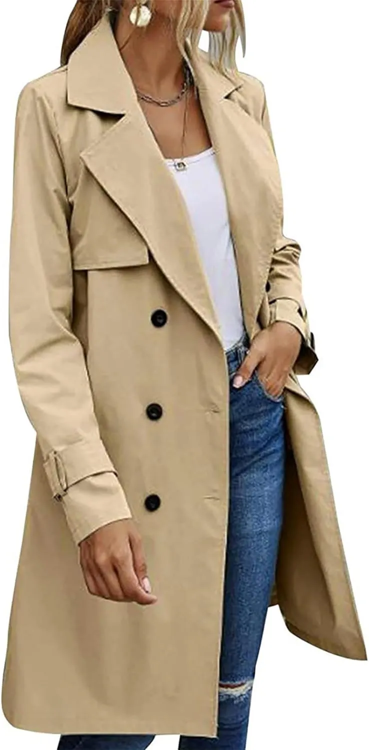 Mid Long Trench Coat for Women Double Breasted Classic Lapel Windproof Overcoat Fashion Outerwear with Belt