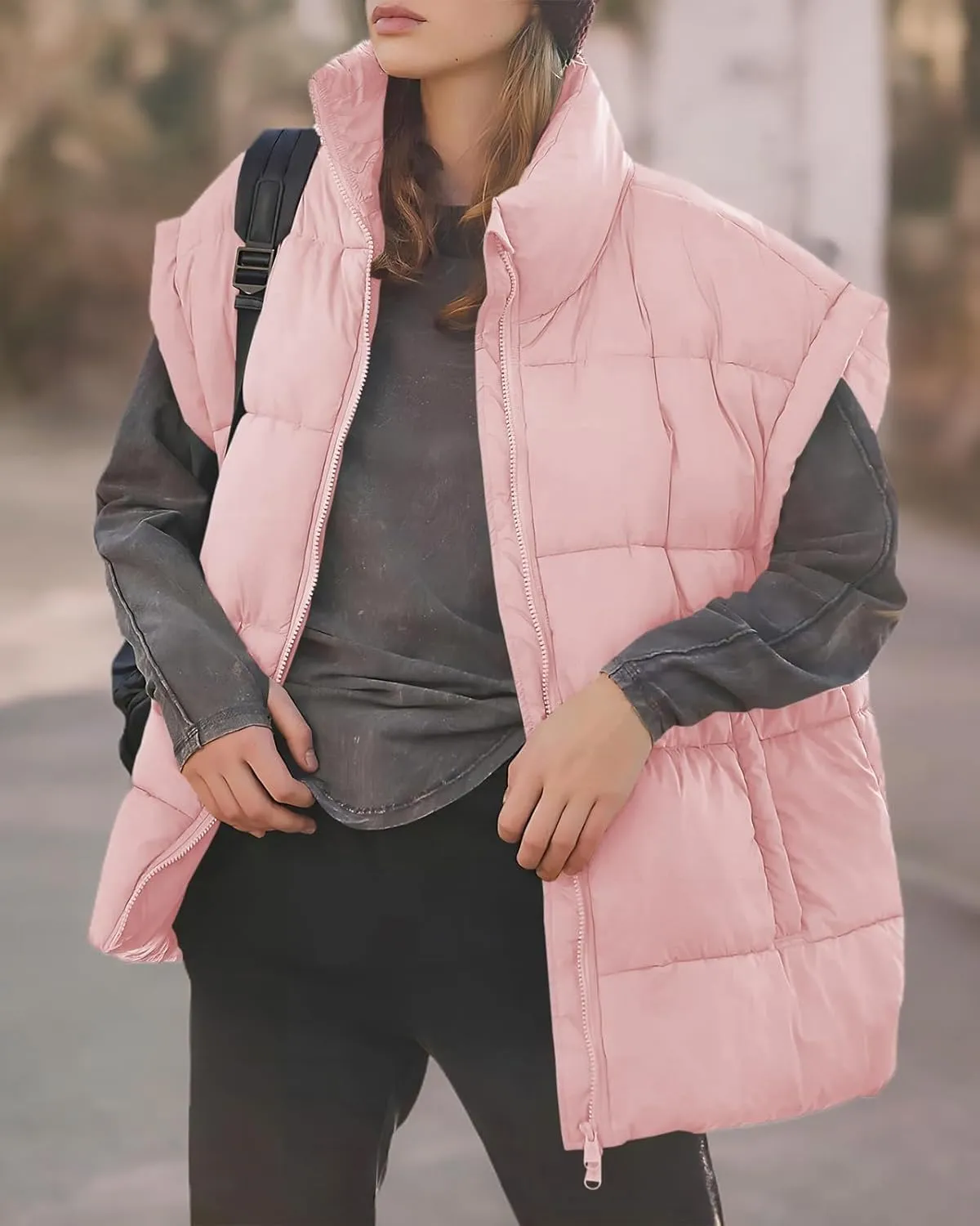 Miladusa Women's Outwear Vest - Stand Collar Lightweight Oversized Zip Bubble Puffer Vest for Women