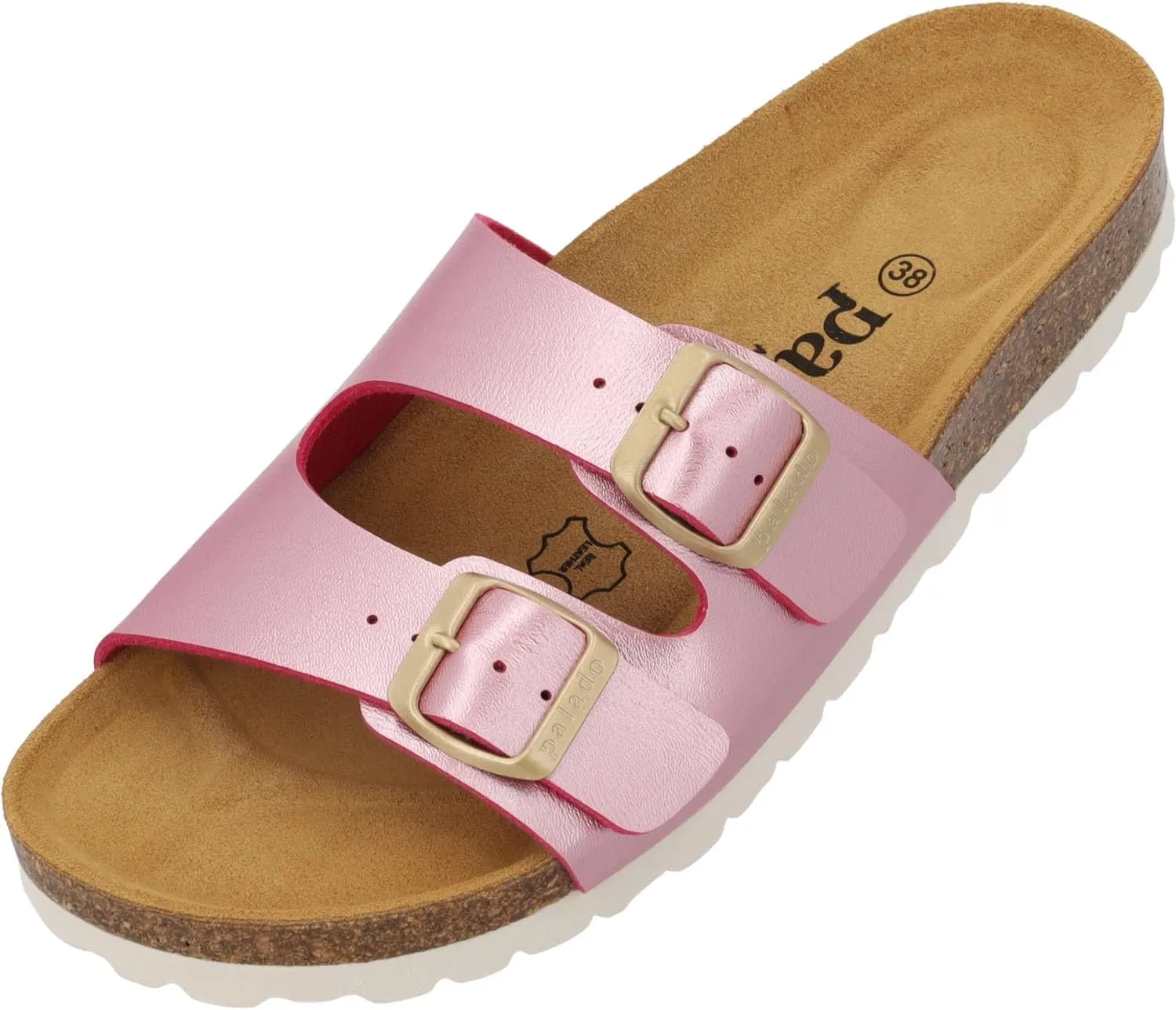 Milos Metallic Women's Mules - Sandals with Straps - Slippers with Natural Cork Footbed - Comfortable Shoes with Suede Sole, metallic pink, 9.5 Women