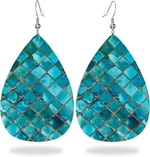 MIOAOSRT Blue Geometry Drop Dangle Earrings Faux Leather Teardrop Earrings Lightweight Drop Dangle Jewelry for Women Teen Girls Fashionable