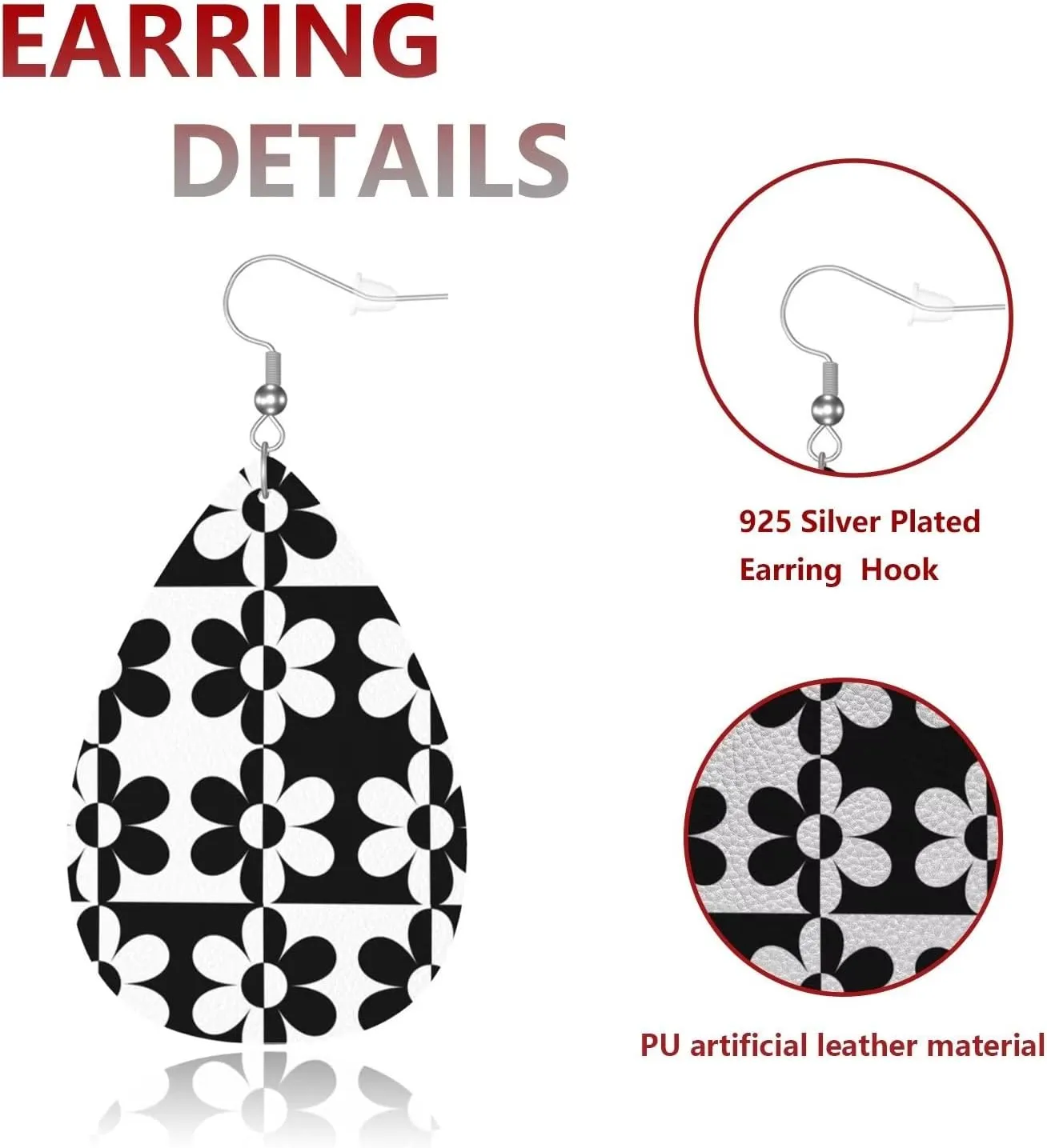 MIOAOSRT Checkered Flower Teardrop Dangle Earrings Lightweight Faux Leather Drop Dangle Earrings Fashion Tear Drop Earrings Set for Women Teen Girls Jewelry Gift