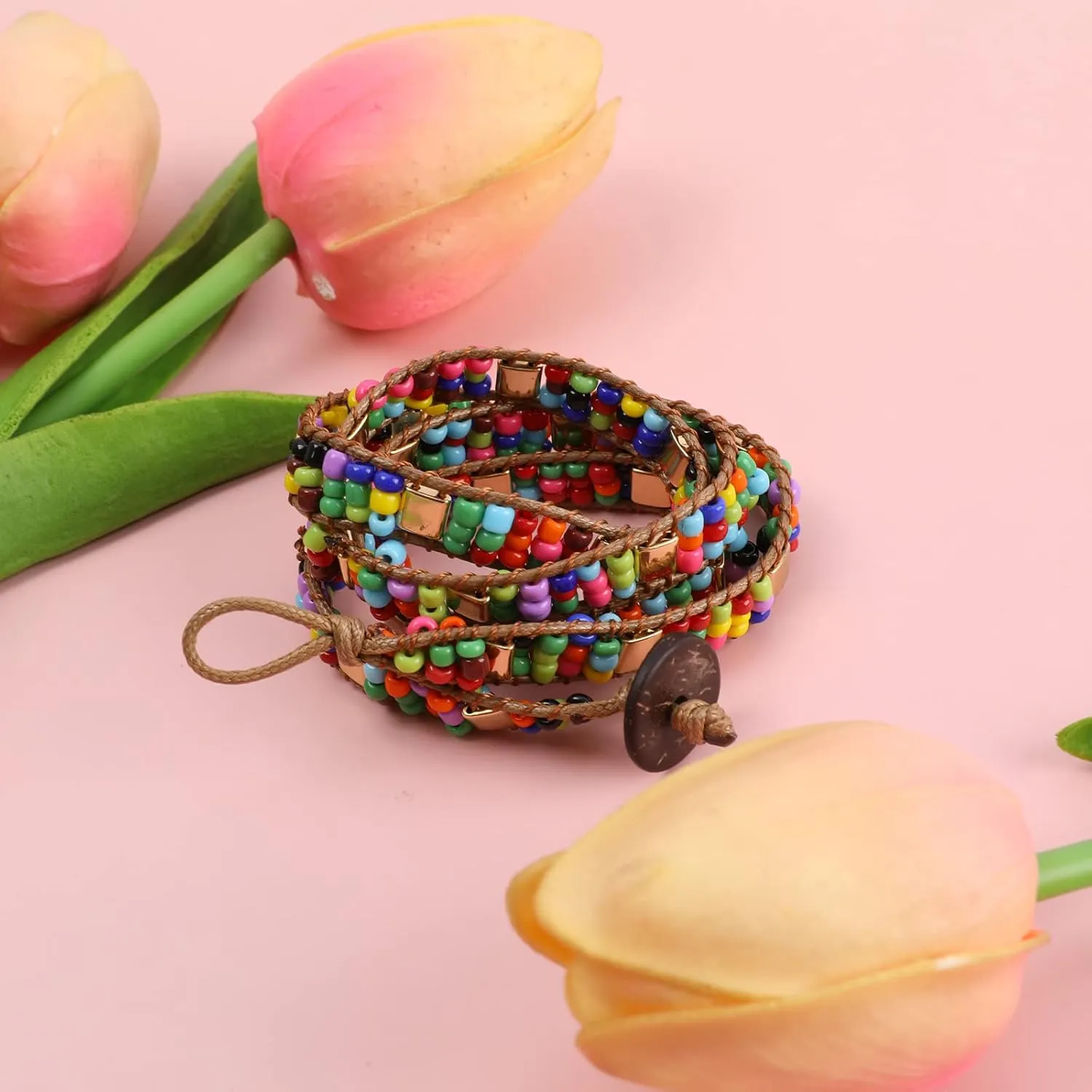 Miss Rabbit Boho Layered Leather Handmade Bracelet, Natural Stone Beaded 5 Wrap Bracelets for Women Blue Turquoise Beads Bohemian Bracelet Jewelry