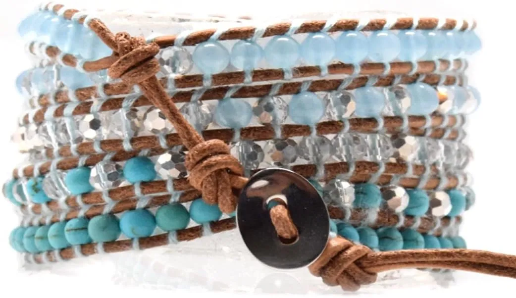 Mix Stones Crystal Wrap Bracelet Multilayer 4mm Handmade Genuine Lather Woven Bangle Boho Style