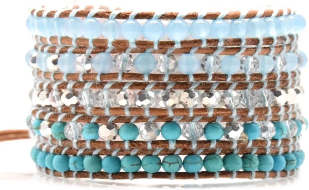 Mix Stones Crystal Wrap Bracelet Multilayer 4mm Handmade Genuine Lather Woven Bangle Boho Style