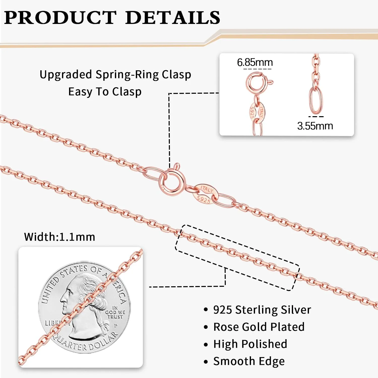 Momlovu Solid 18k Gold Over 925 Sterling Silver Chain Necklace for Women, 1.1mm Cable Chain Hypoallergenic Replacement Necklace, Sturdy&Shiny Women's Chain Necklaces 14/16/17/18/20/22/24 Inch