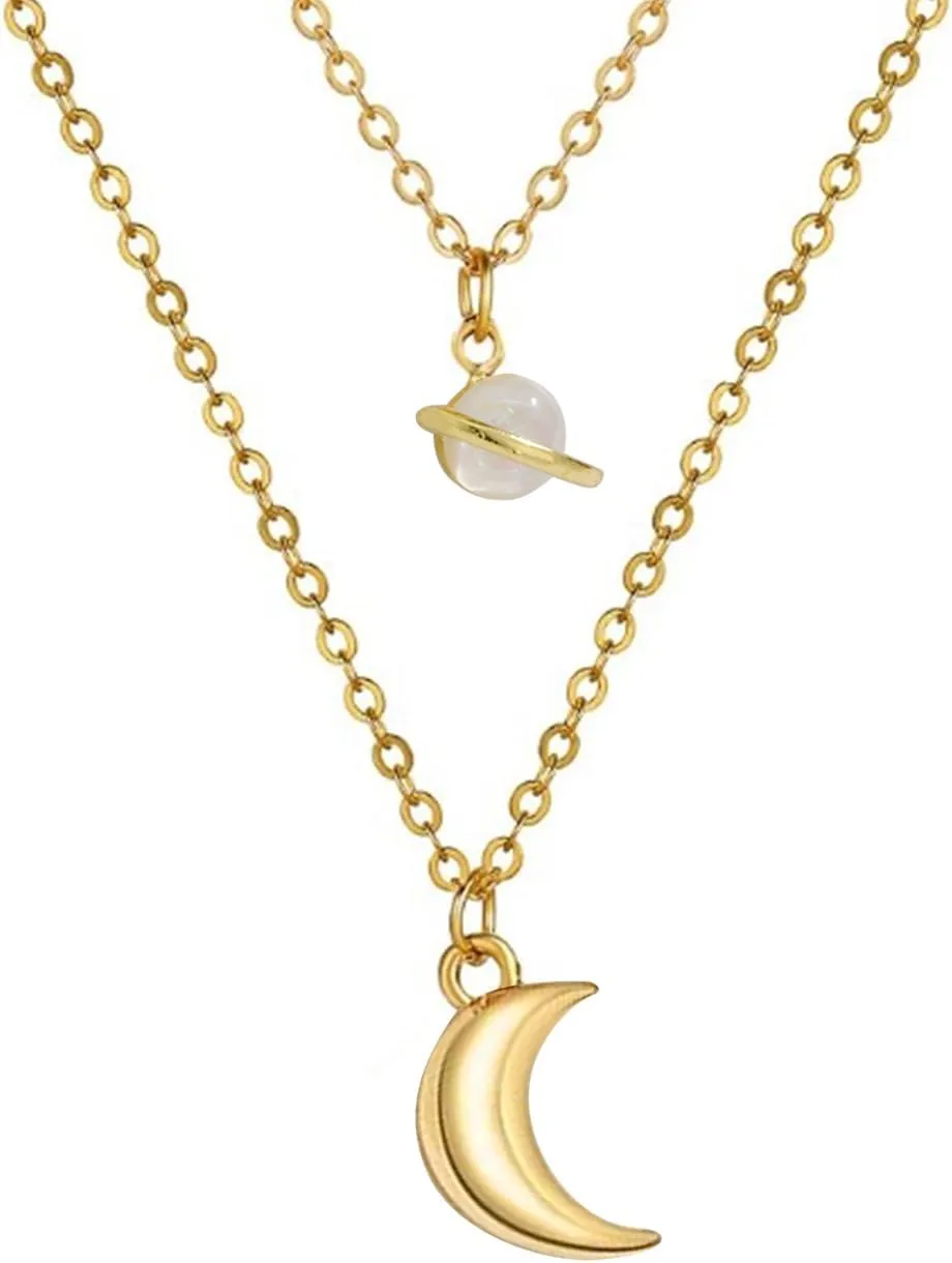 Moon and Saturn Pendant Necklace Set Double Chains Moon and Saturn Layered Choker Necklace Gold Plated Moon Necklace Natural Opal Necklace Jewelry Gift for Women