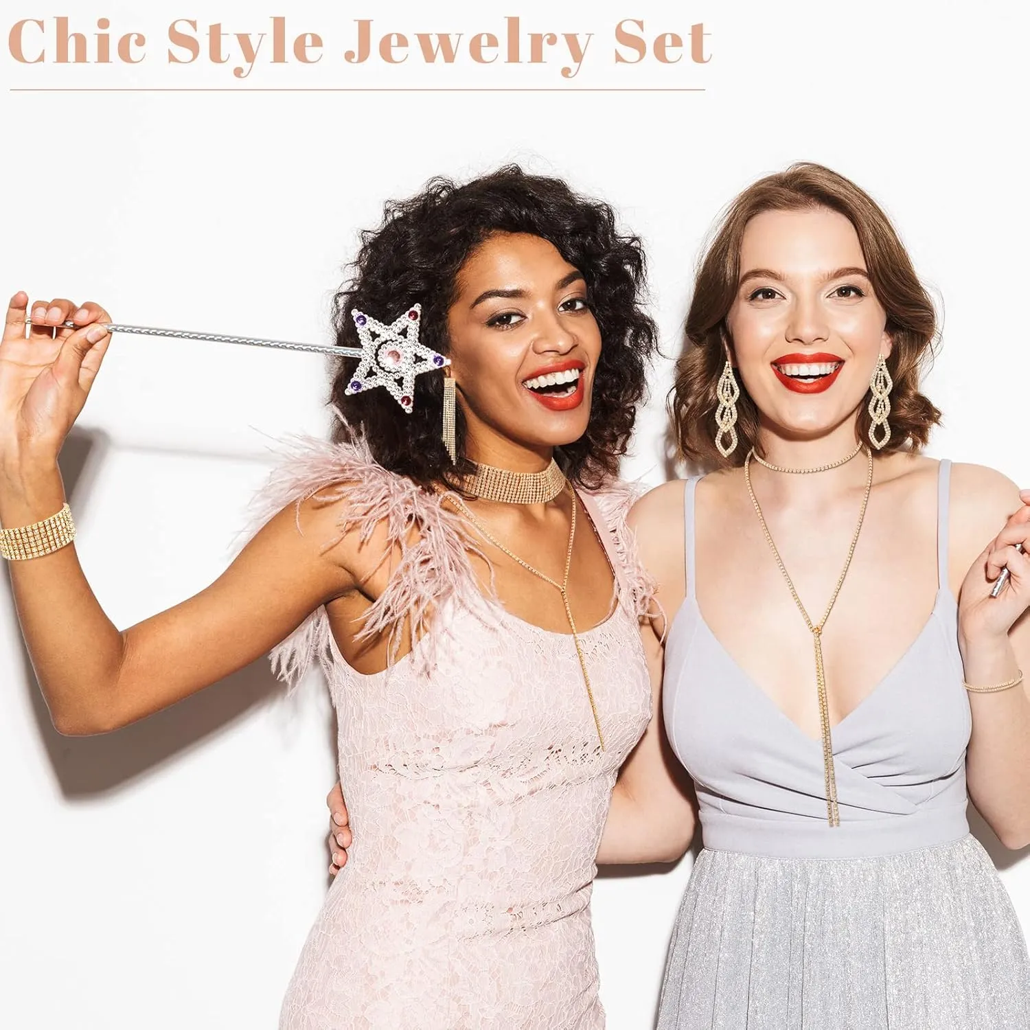MTLEE 6 Pieces Women Rhinestone Jewelry Set Layered Choker Necklaces Long Tassel Necklaces Crystal Bracelet Cuff Bangles Diamond Tassel Dangling Earrings for Wedding Bridal Birthday Party Bridesmaid