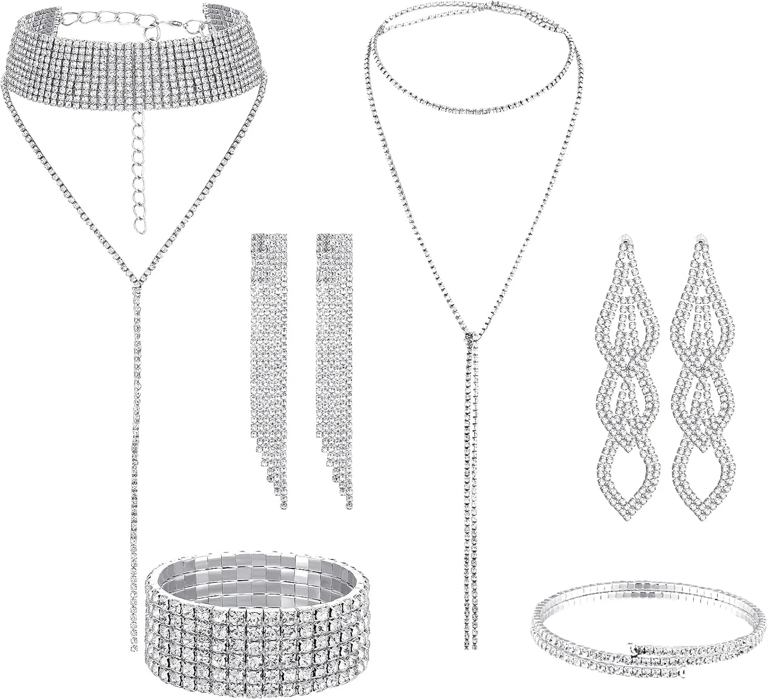 MTLEE 6 Pieces Women Rhinestone Jewelry Set Layered Choker Necklaces Long Tassel Necklaces Crystal Bracelet Cuff Bangles Diamond Tassel Dangling Earrings for Wedding Bridal Birthday Party Bridesmaid