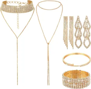 MTLEE 6 Pieces Women Rhinestone Jewelry Set Layered Choker Necklaces Long Tassel Necklaces Crystal Bracelet Cuff Bangles Diamond Tassel Dangling Earrings for Wedding Bridal Birthday Party Bridesmaid