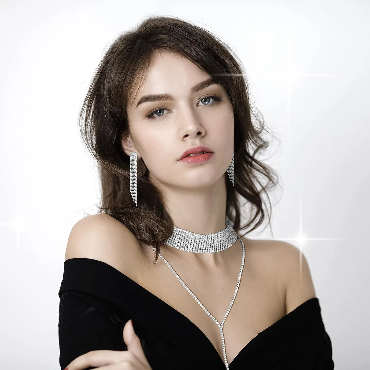 MTLEE 6 Pieces Women Rhinestone Jewelry Set Layered Choker Necklaces Long Tassel Necklaces Crystal Bracelet Cuff Bangles Diamond Tassel Dangling Earrings for Wedding Bridal Birthday Party Bridesmaid