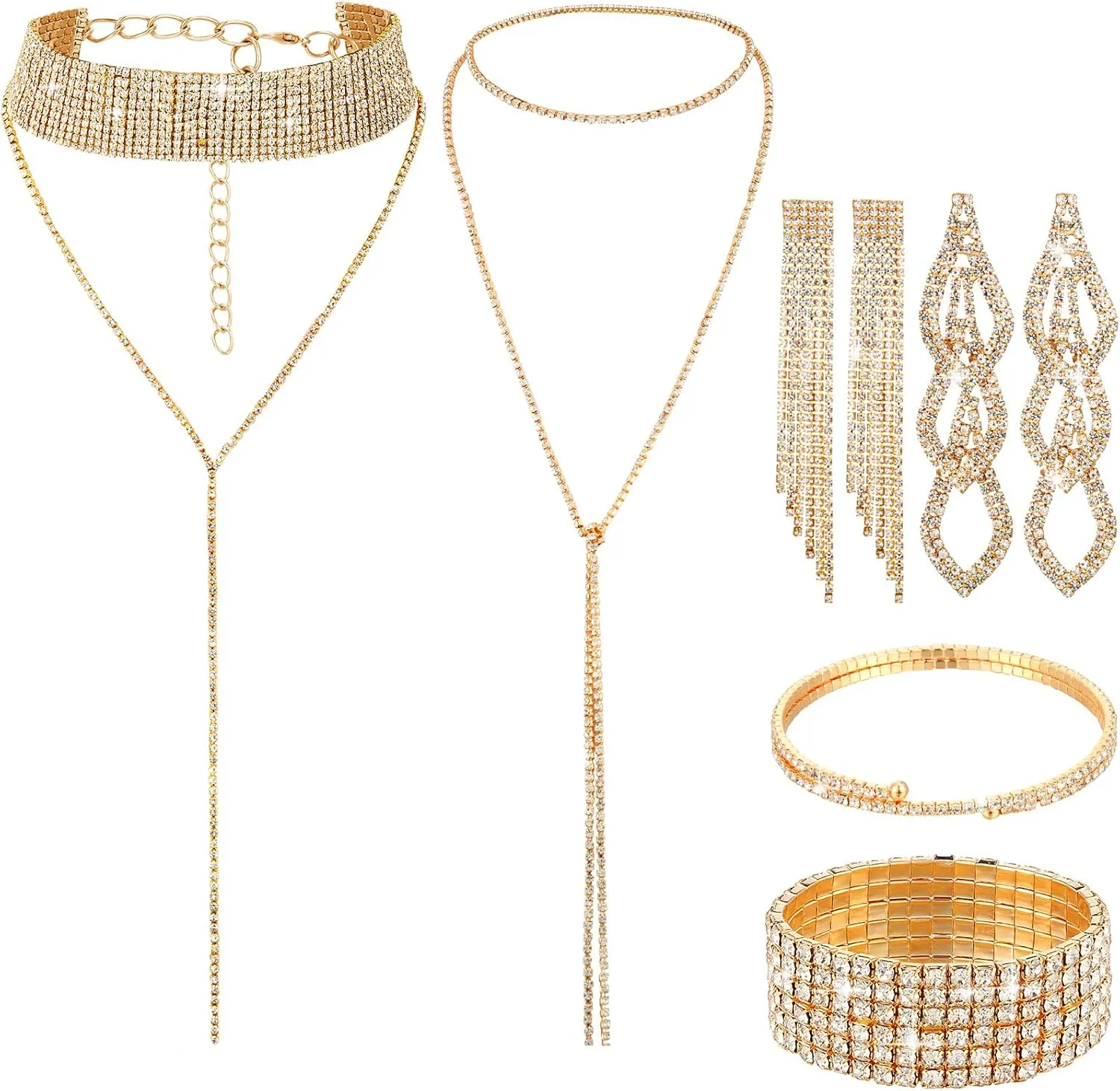 MTLEE 6 Pieces Women Rhinestone Jewelry Set Layered Choker Necklaces Long Tassel Necklaces Crystal Bracelet Cuff Bangles Diamond Tassel Dangling Earrings for Wedding Bridal Birthday Party Bridesmaid